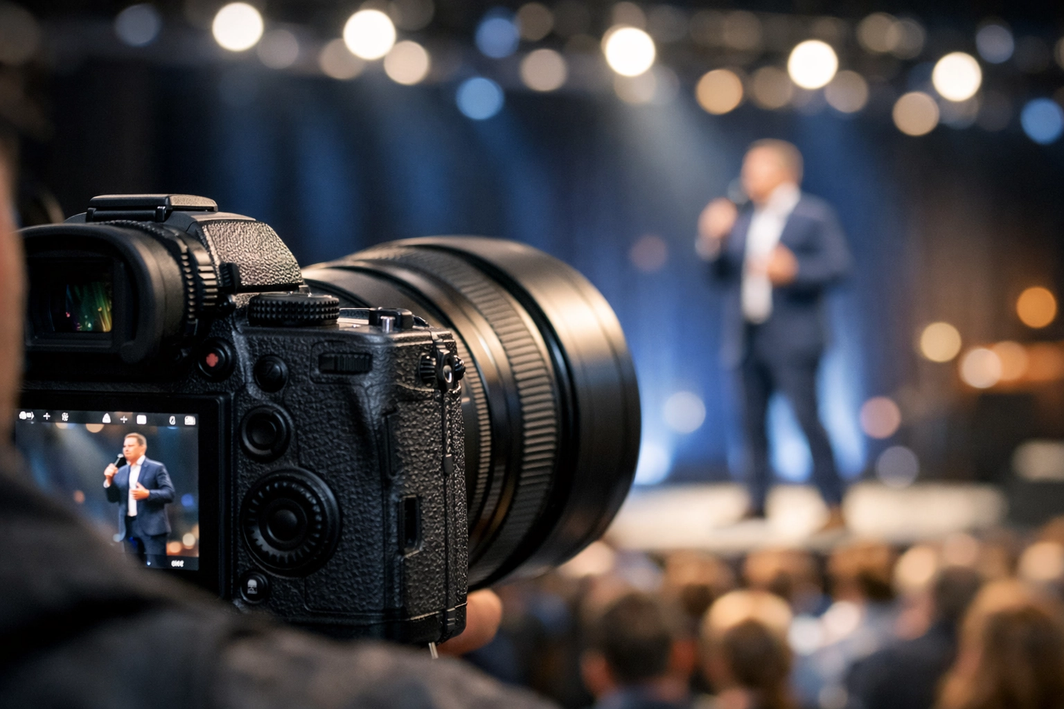 Professional conference photographer Miami capturing a keynote speaker from a camera perspective