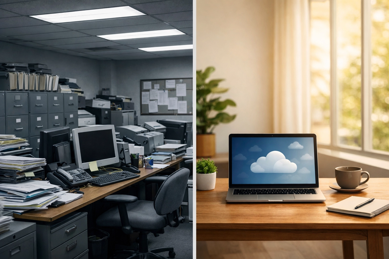 Comparison of traditional in-house accounting office versus modern outsourced bookkeeping workspace