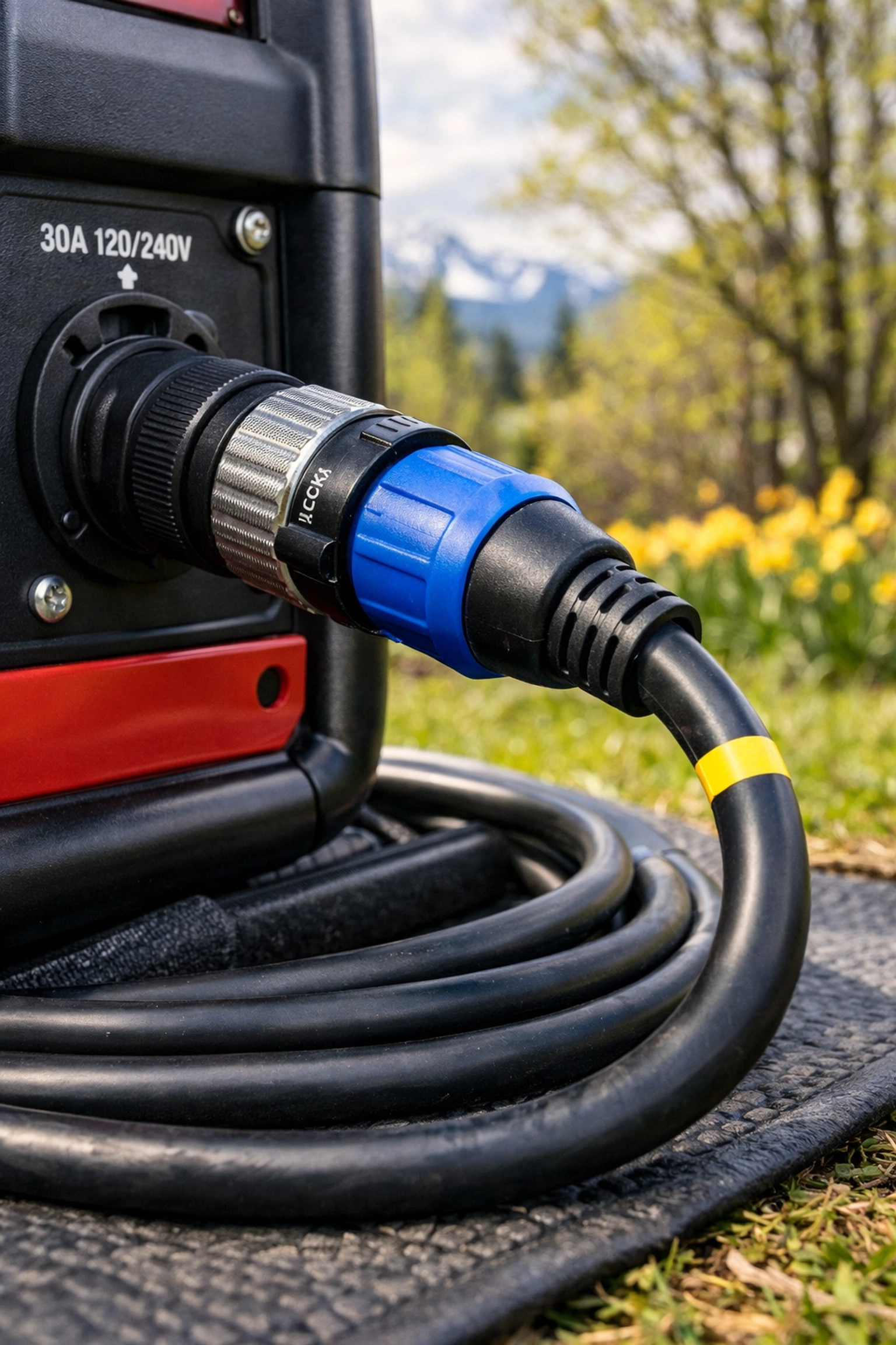 Detailed view of a professional generator rental setup with a power cable and protective mat.