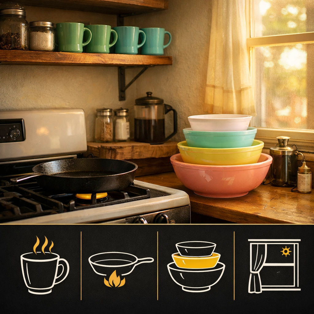 Vintage Fire-King mugs and Pyrex bowls in retro kitchen sought by estate sale buyers