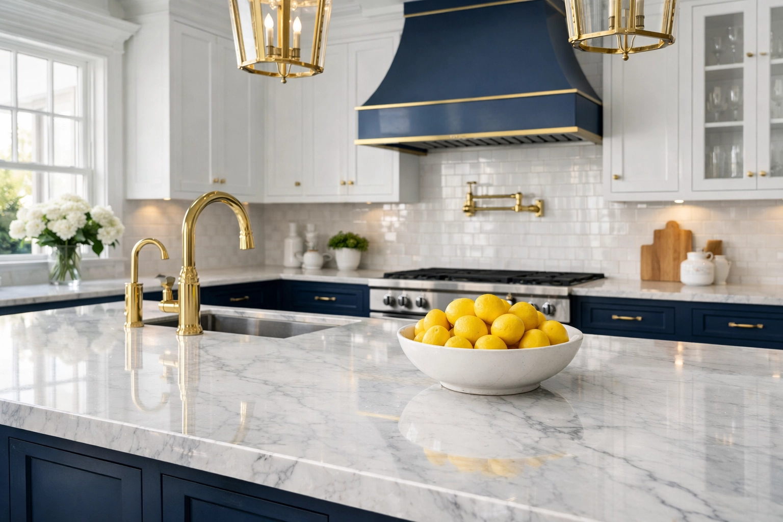 Luxury Dover kitchen with a spotless white marble island from top-rated residential cleaning Massachusetts.