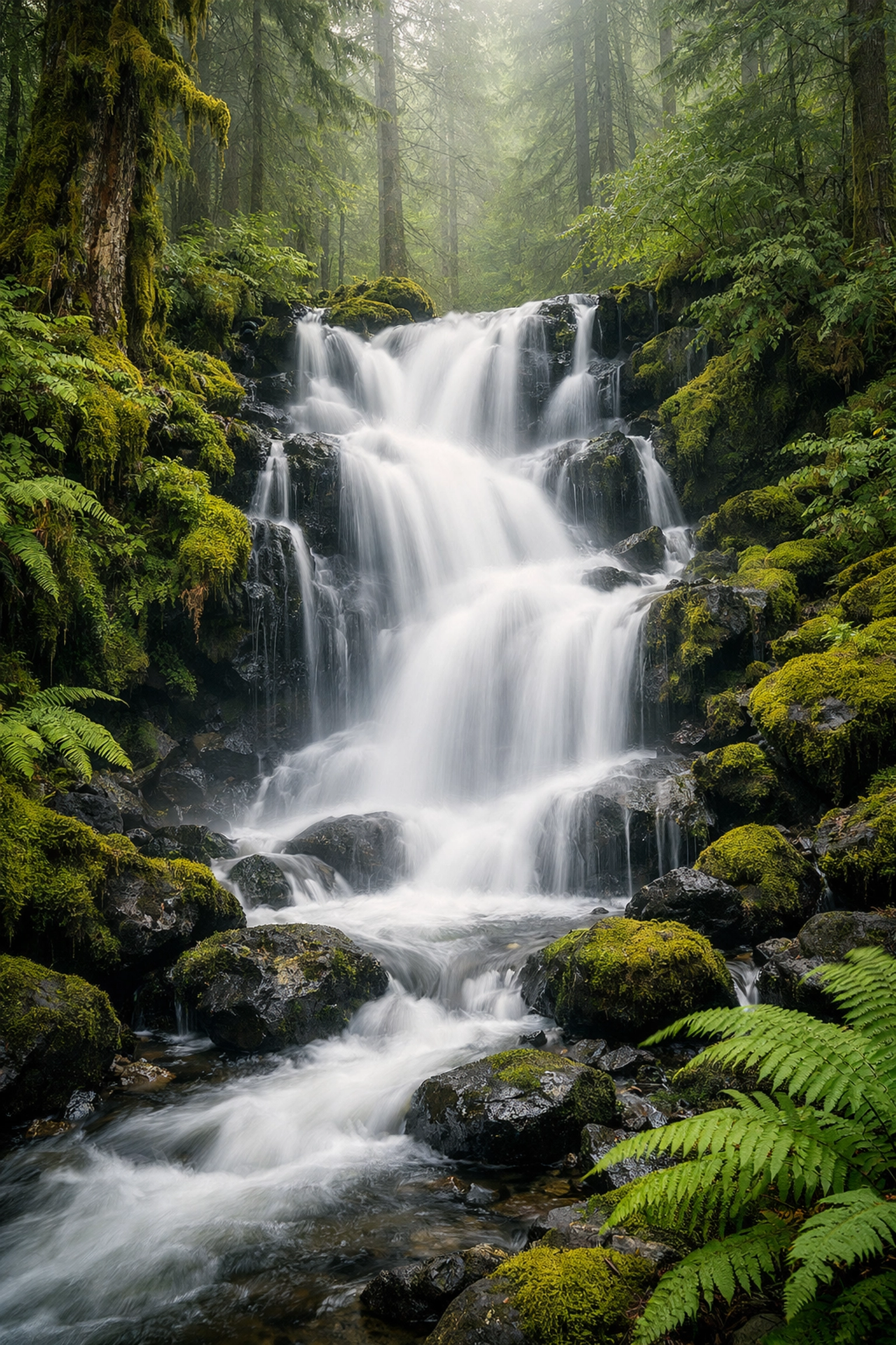Long exposure landscape photography of a misty waterfall in a lush green temperate forest.