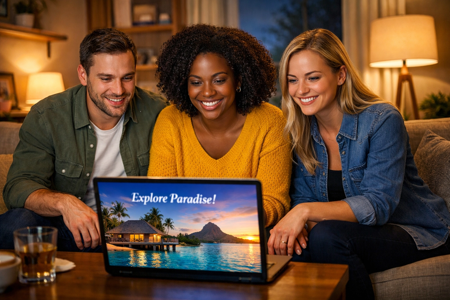 Virtual travel presentation with engaged clients reviewing vacation options