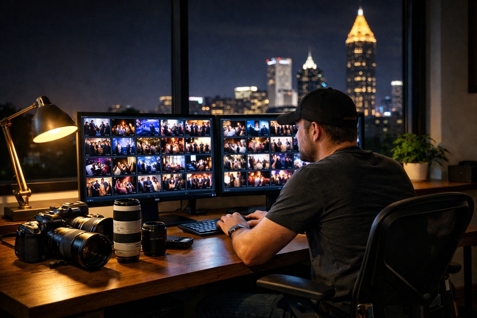 Professional photographer managing high-resolution event photos in an Atlanta home studio.