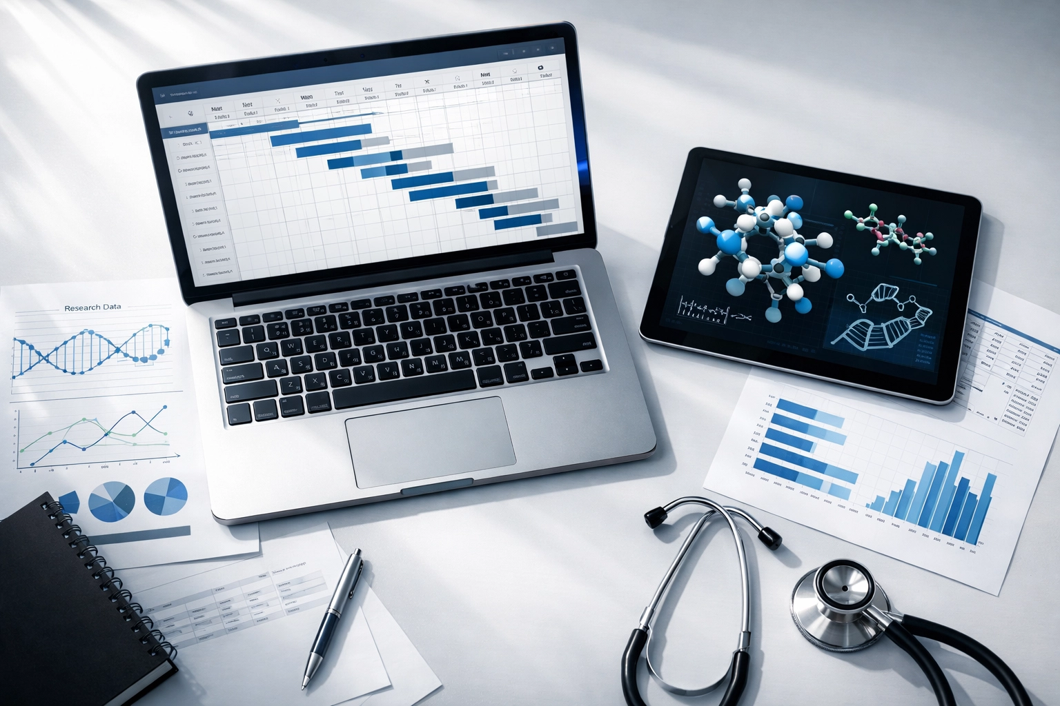 Biotech project management workspace with timeline planning and data analysis for CRO oversight