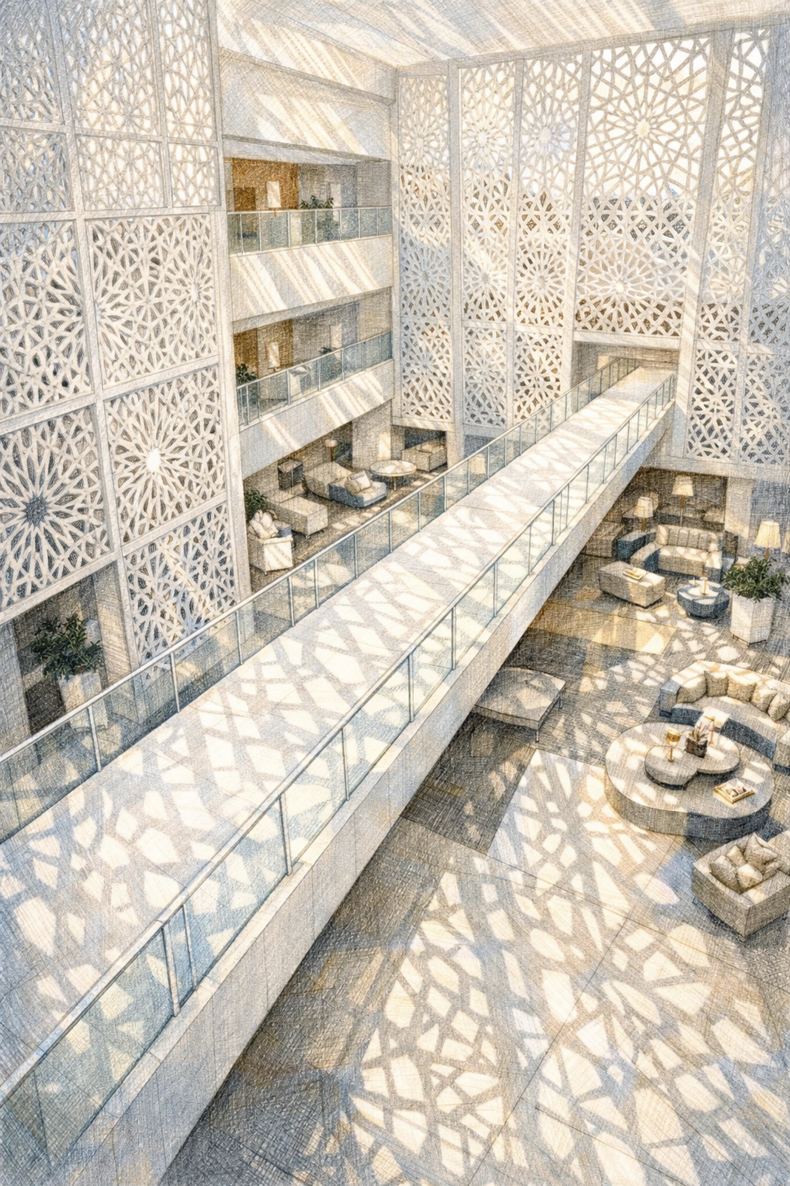 Modern hotel lobby atrium featuring white perforated screens and a minimalist architectural catwalk ramp.