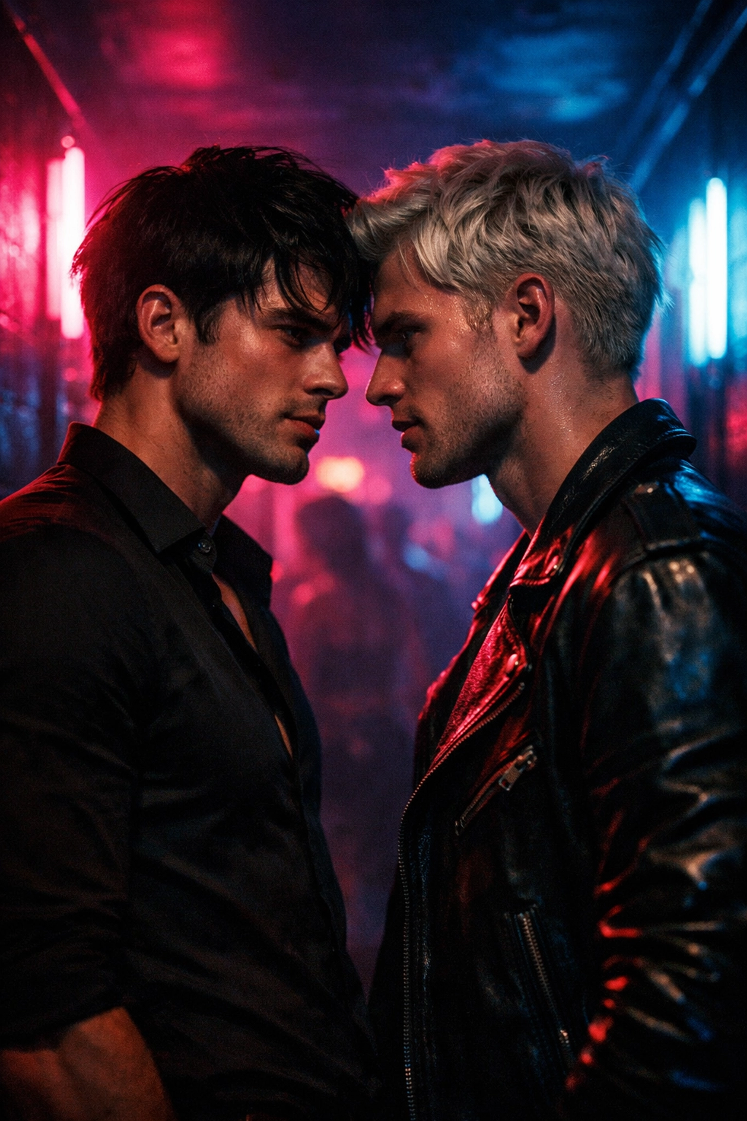 Two men sharing an intense, moody look in a neon-lit nightclub during the early stages of a dark MM romance.