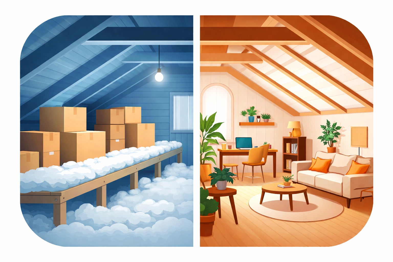 Split view of loft: one side with mineral wool insulation and storage, the other as a usable space with multifoil insulation.