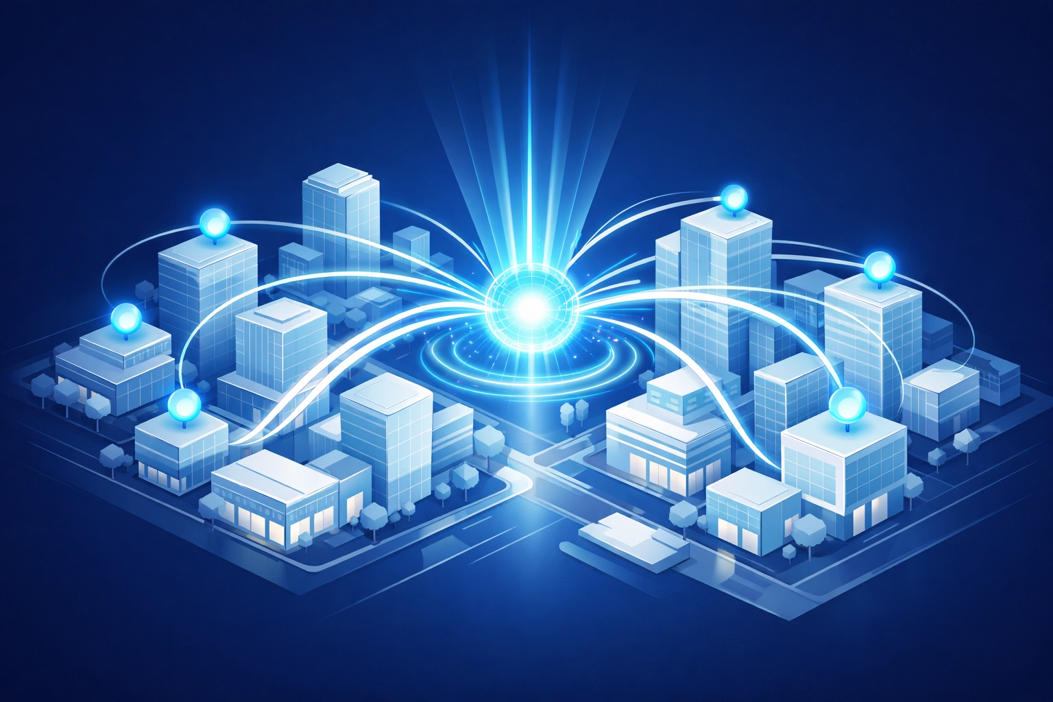 Digital visualization of localized business data automation connecting nodes in a smart city grid.