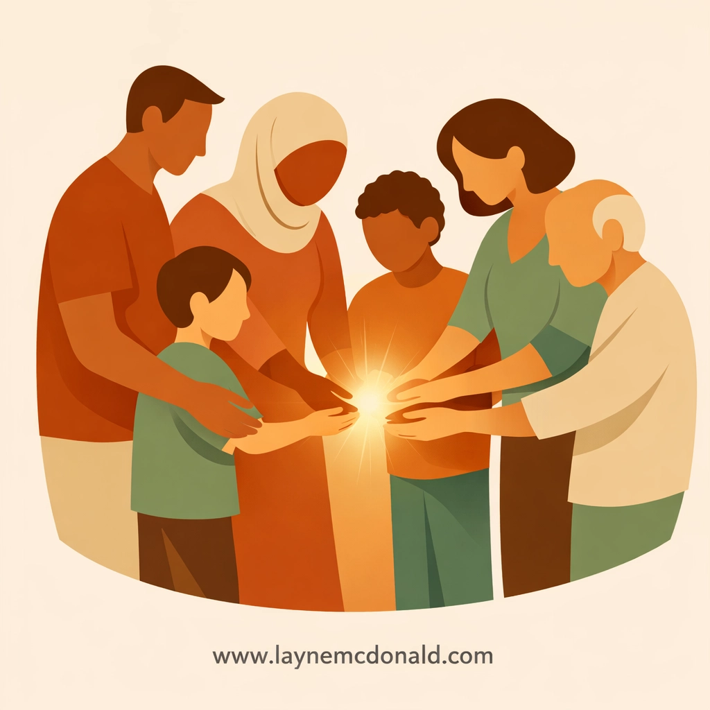 Diverse faith community standing in supportive circle with shared light at center