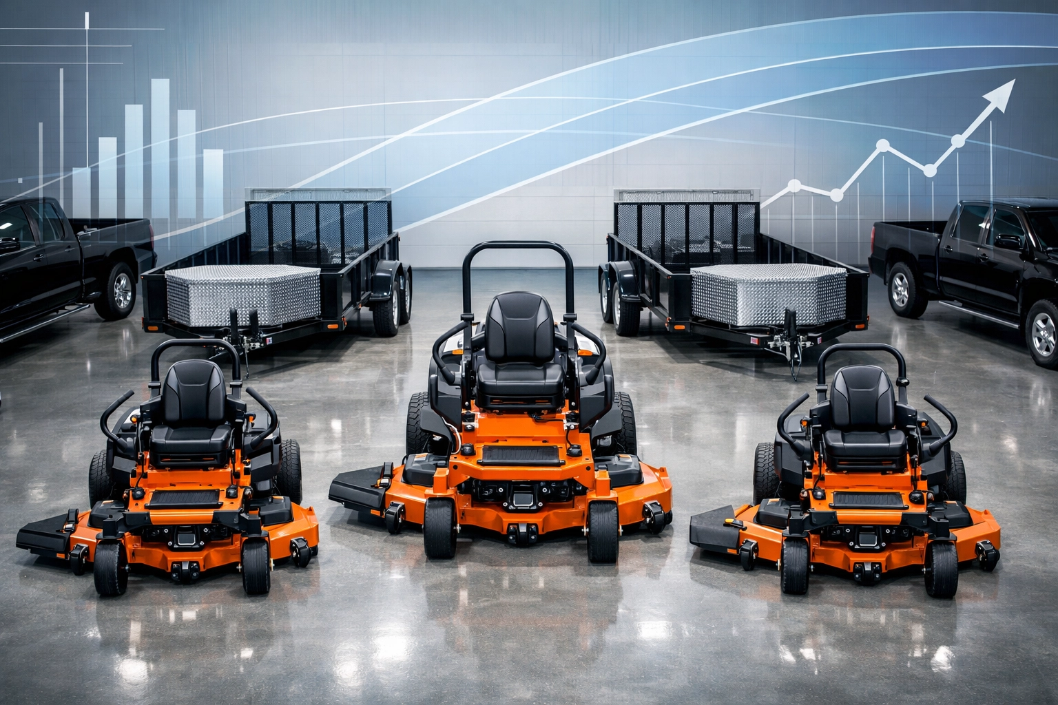 Clean landscaping equipment and mower fleet ready for a professional business transition and sale.