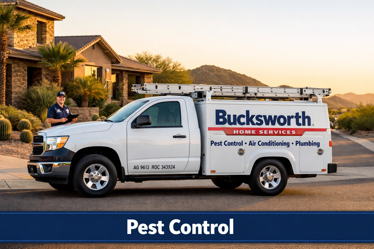 Bucksworth Home Services truck in Peoria, AZ, offering local pest control and home maintenance services.