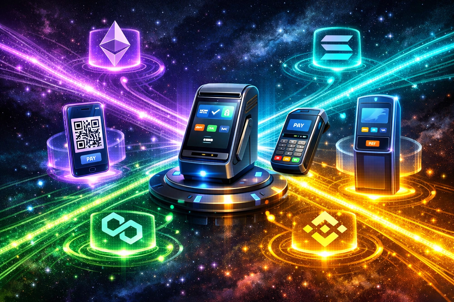 Multi-chain crypto payment terminal accepting Bitcoin, Ethereum, Solana, and stablecoin transactions