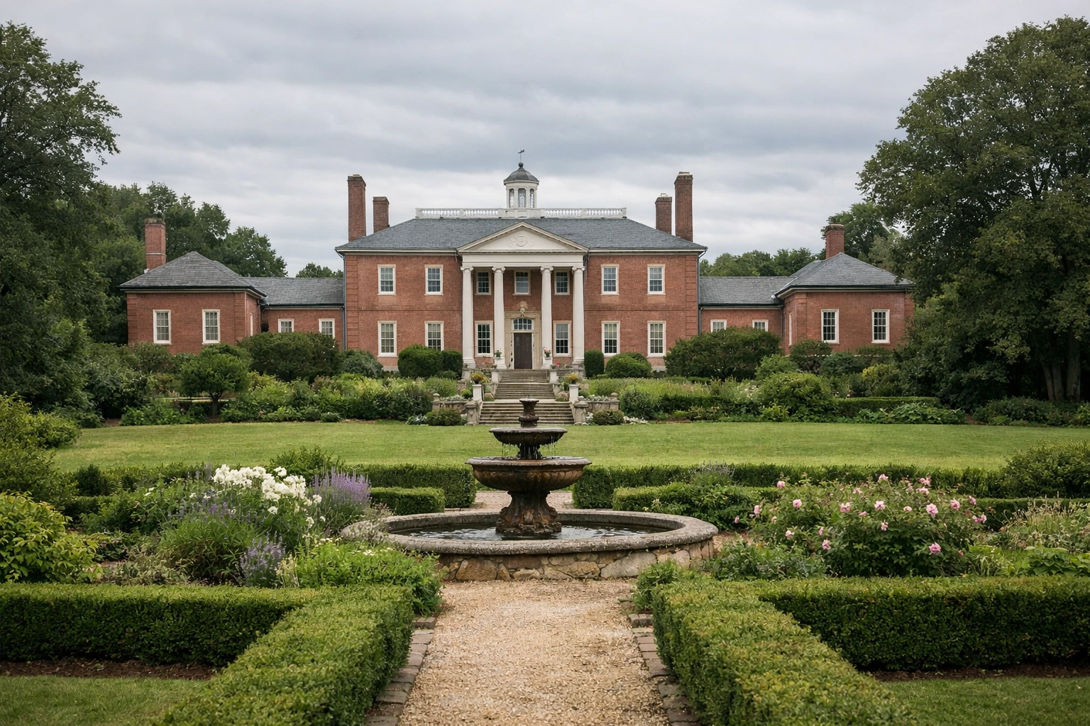 Chatham Manor in Fredericksburg, Virginia on an overcast day, viewed from the grounds