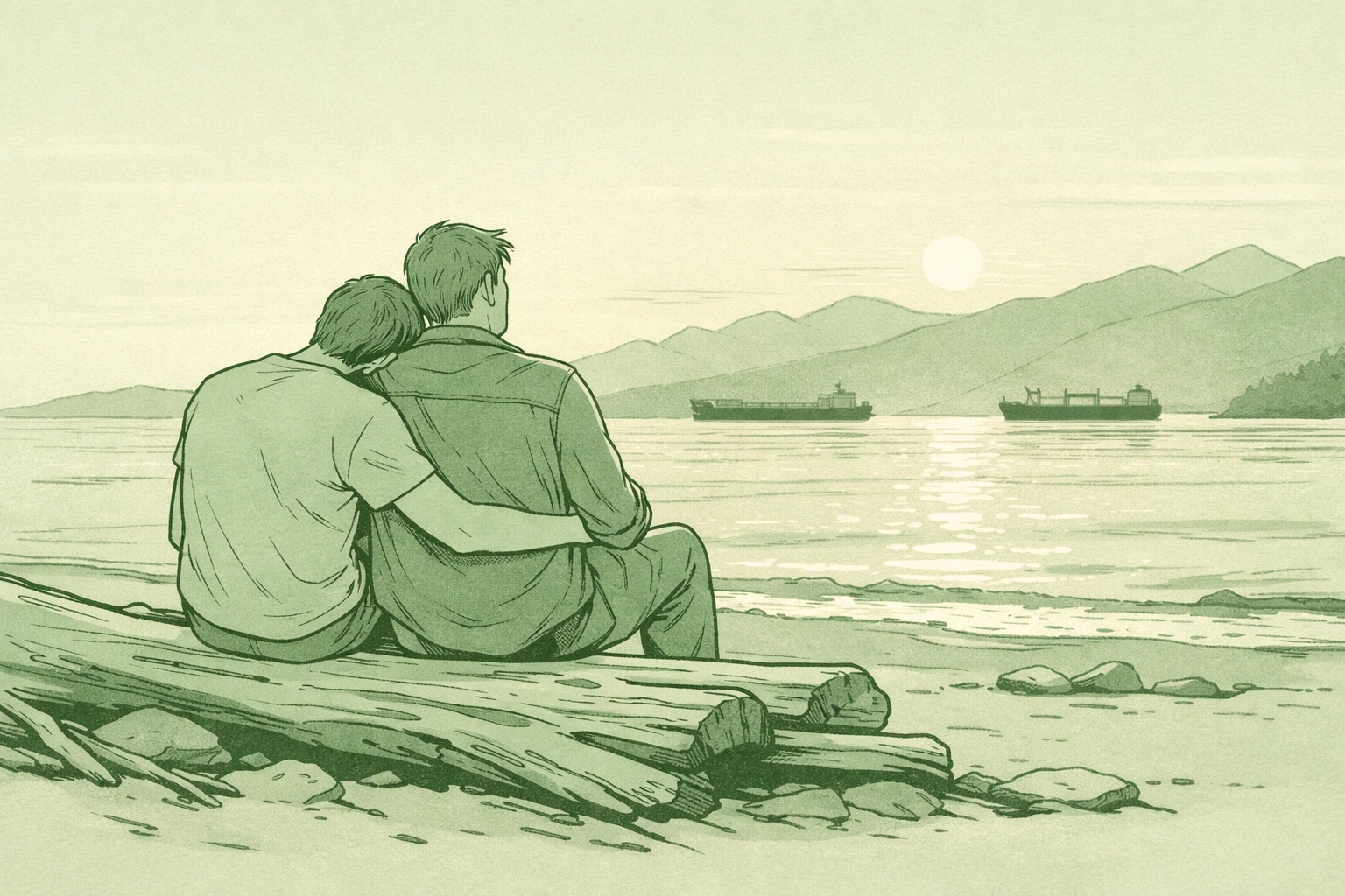 Gay couple sharing an intimate moment on driftwood at Vancouver's inclusive Wreck Beach