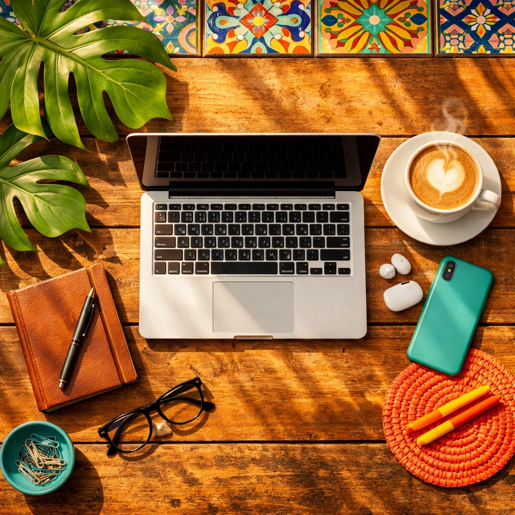 Remote worker laptop setup at Puerto Vallarta cafe with coffee and tropical plants