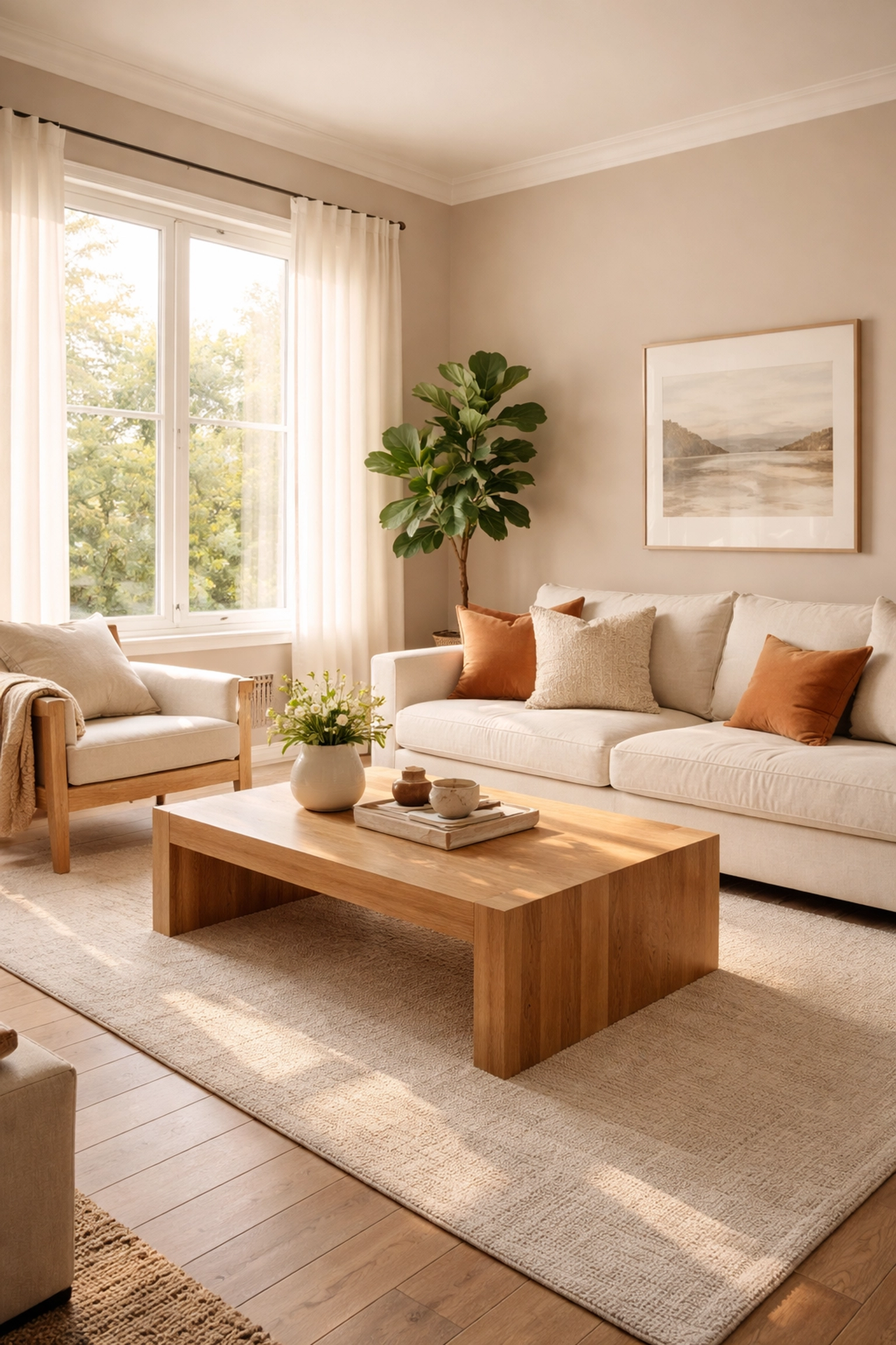 Cozy Atlanta living room with warm neutral taupe walls, earth-toned decor, and natural light highlighting modern design.