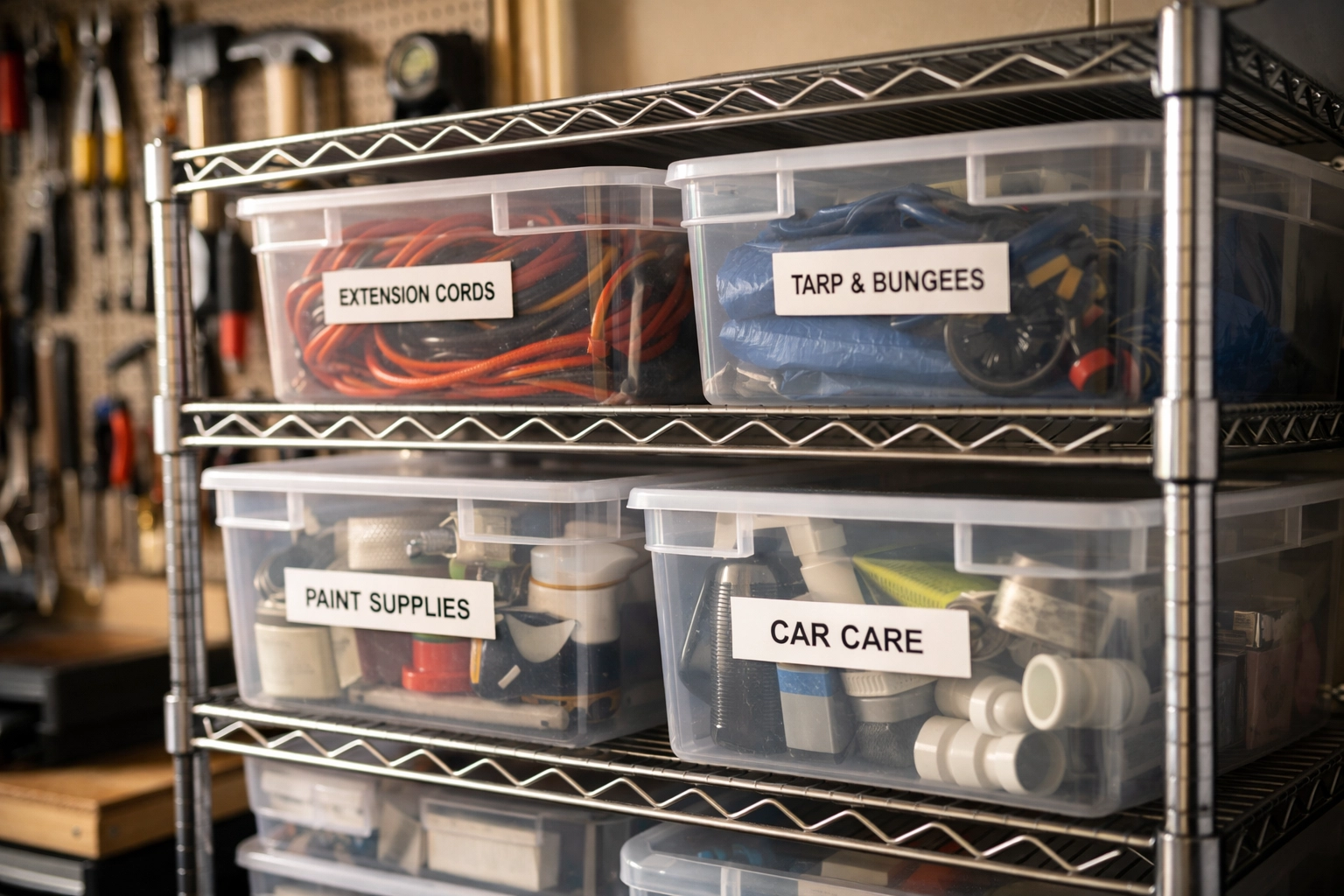 Labeled storage bins on shelving unit showing organized garage storage solutions