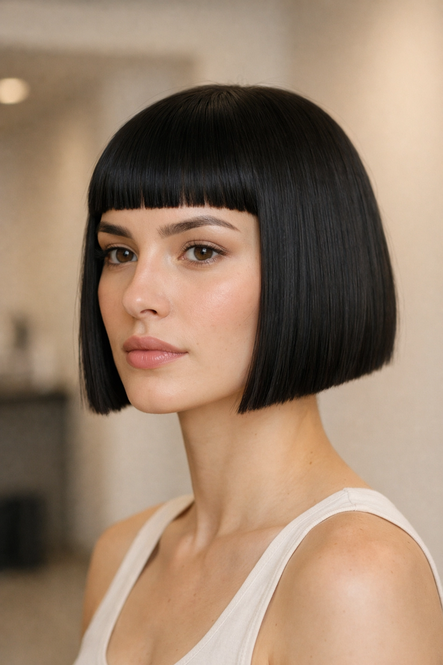 Contemporary blunt bob with micro bangs, a high-fashion 2026 hair trend in Concord.