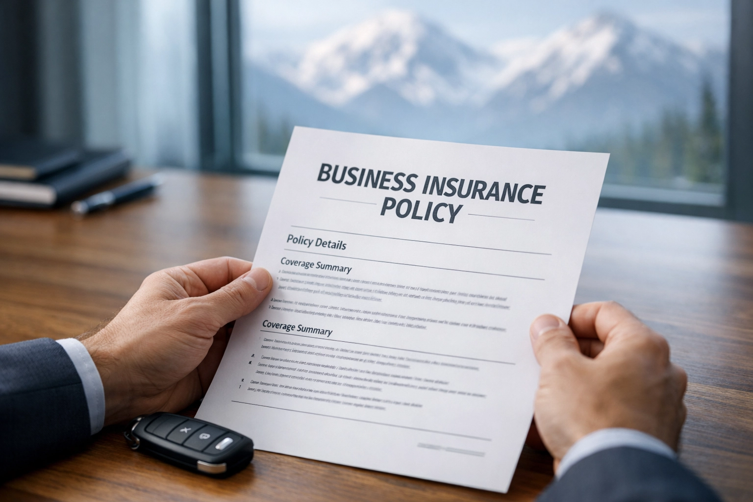 Business insurance policy document with car keys reviewing Alaska coverage