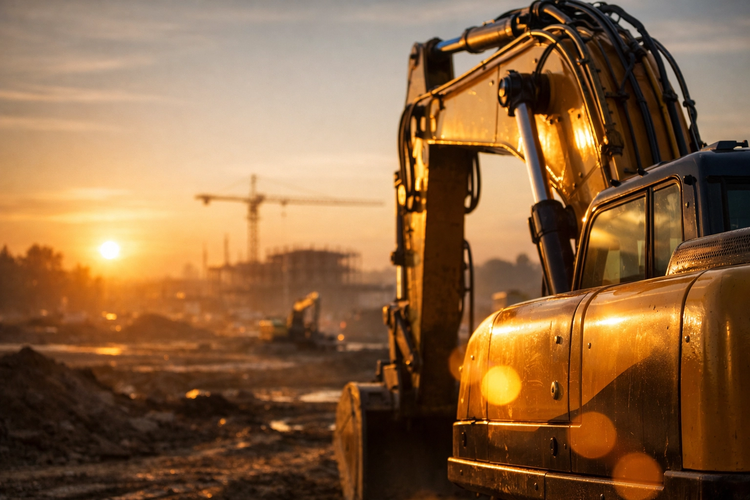 Yellow excavator at dawn representing a successful equipment financing injection for business growth.