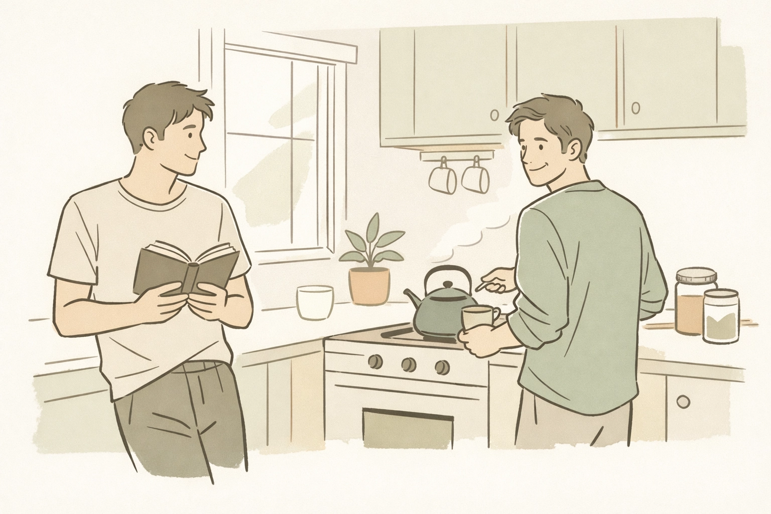 Simple drawing of two men in a kitchen illustrating the quiet life trope and domestic joy in gay romance.