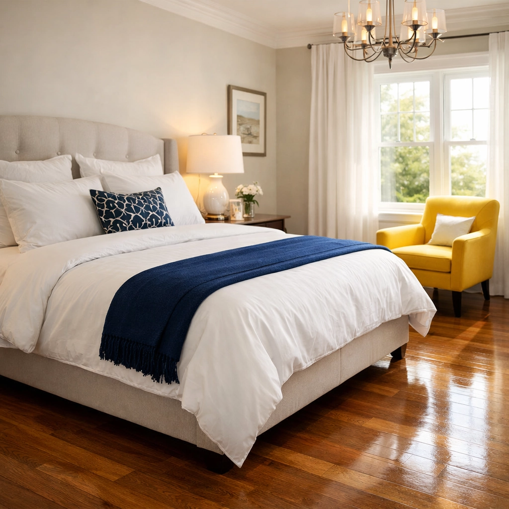 Sparkling clean master bedroom with polished floors provided by a bi-weekly house cleaning schedule.