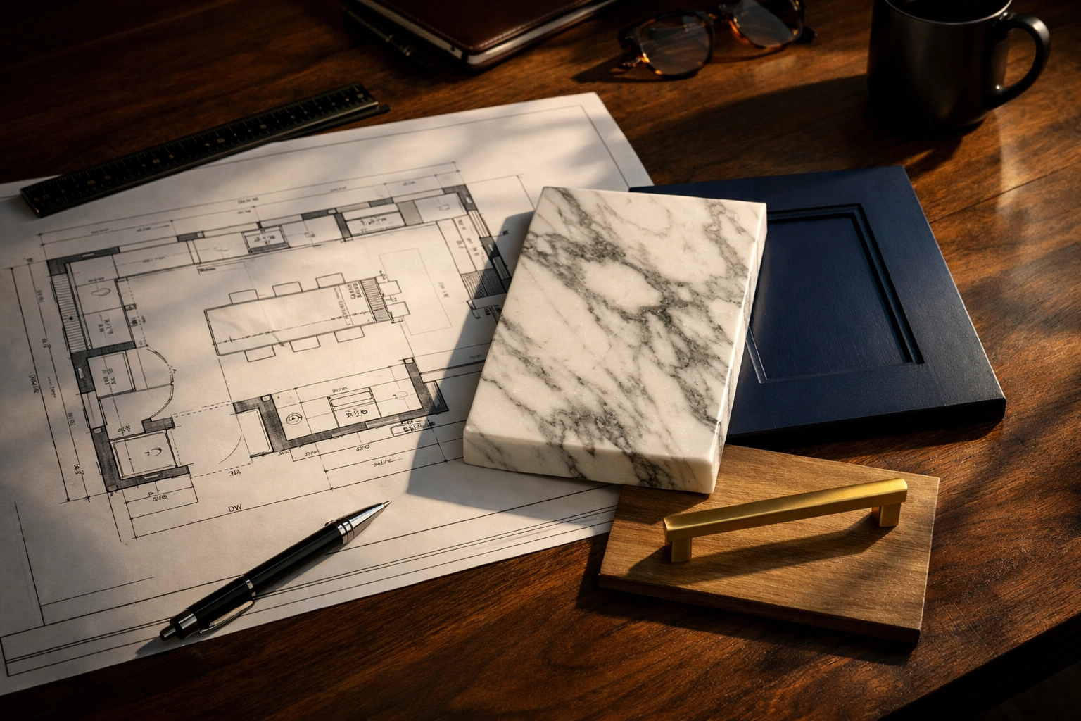 Architectural floor plans and kitchen material samples for a West Sussex renovation project.