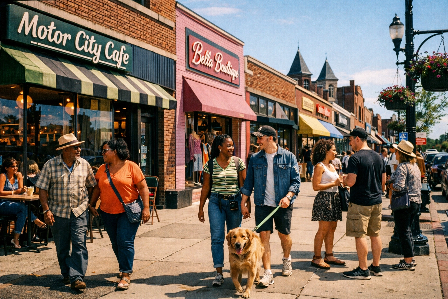Vibrant walkable street in Detroit featuring local businesses and neighborhood charm.