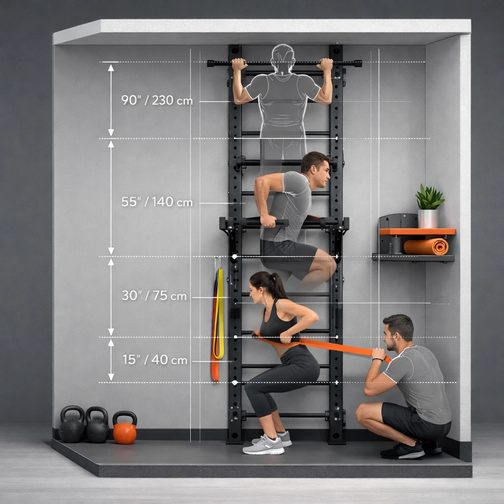 Vertical space utilization diagram for floor-to-ceiling home gym setup