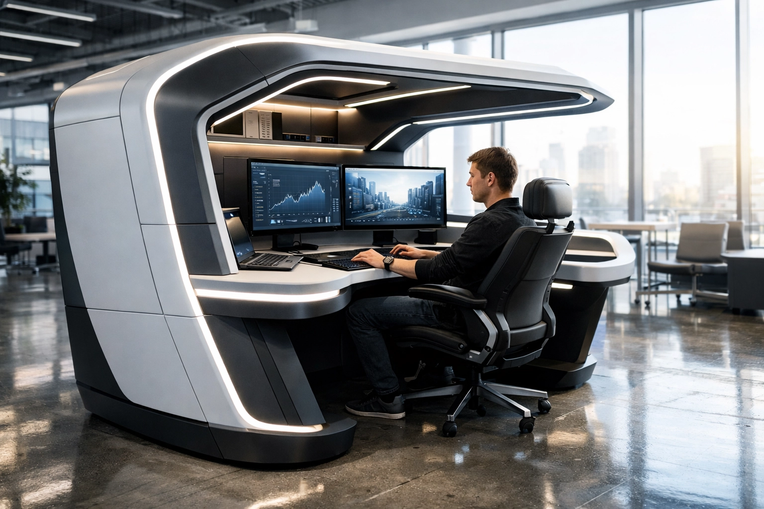 Modern high-tech workspace pod with dual monitors, replacing traditional computer labs for professional training.