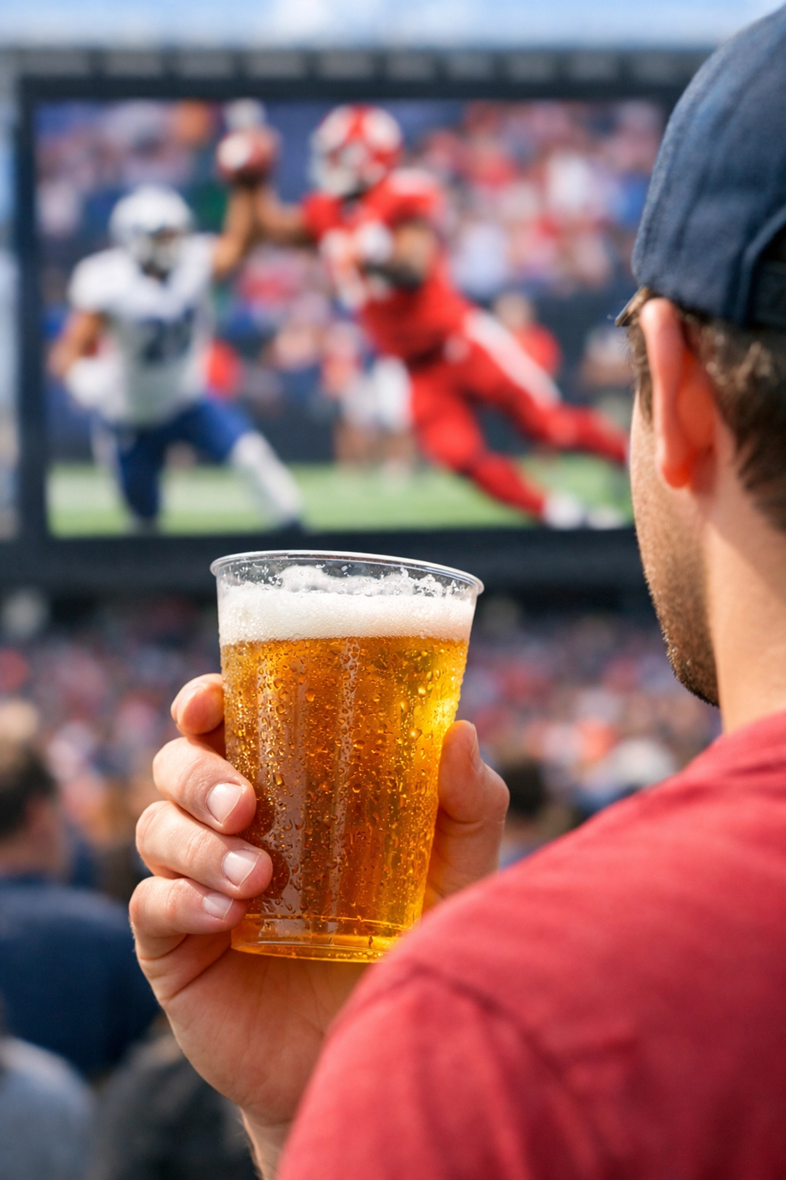 A sports fan at a social venue with a digital out-of-home screen displaying game highlights in the background.
