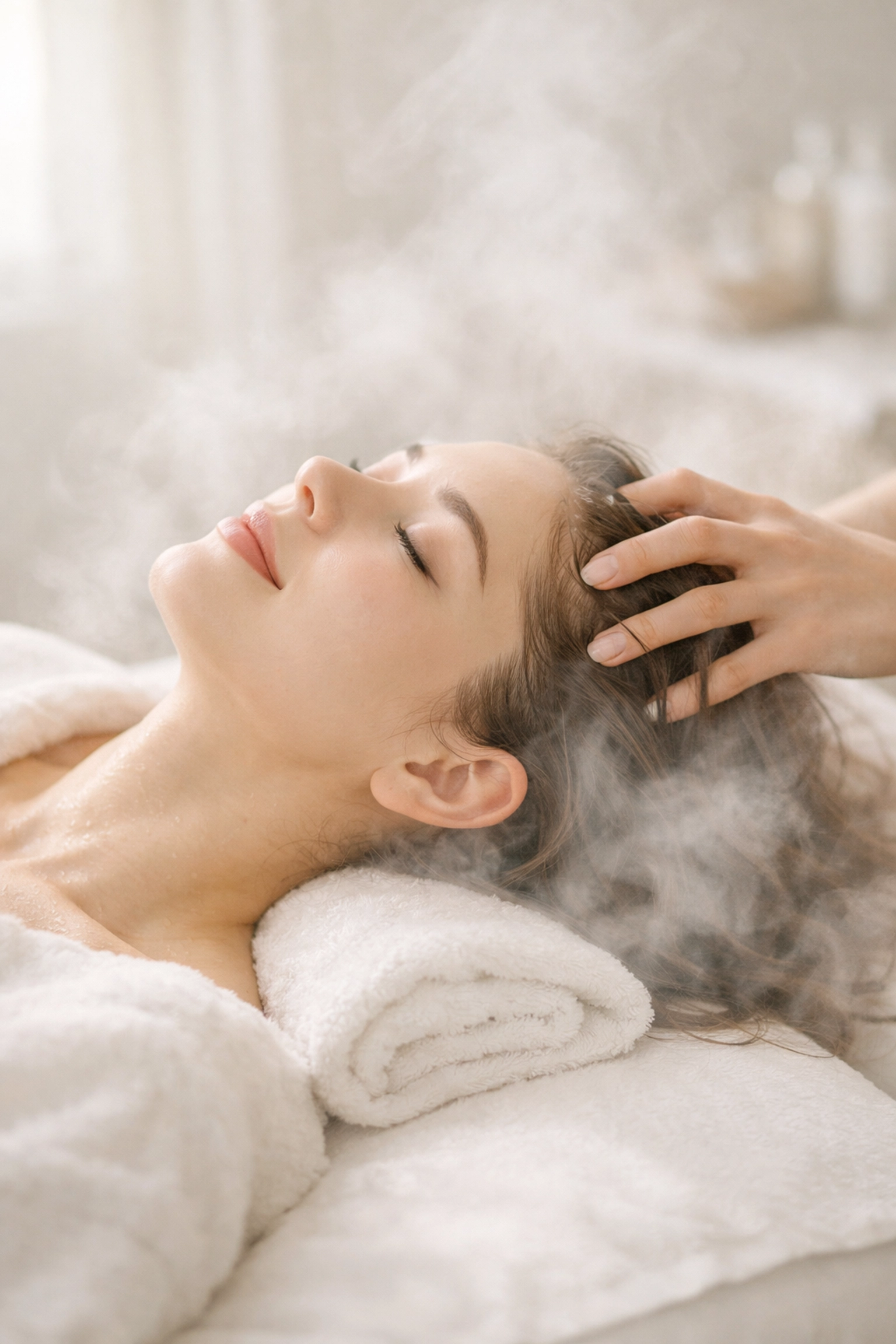 Woman receiving relaxing head spa scalp massage treatment with steam therapy