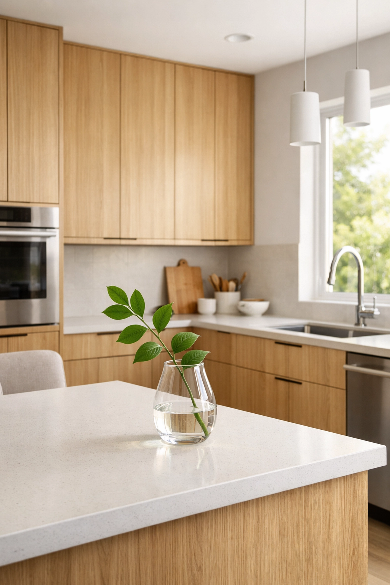 Modern kitchen remodeling Orlando featuring natural white oak cabinetry and sleek white quartz countertops.