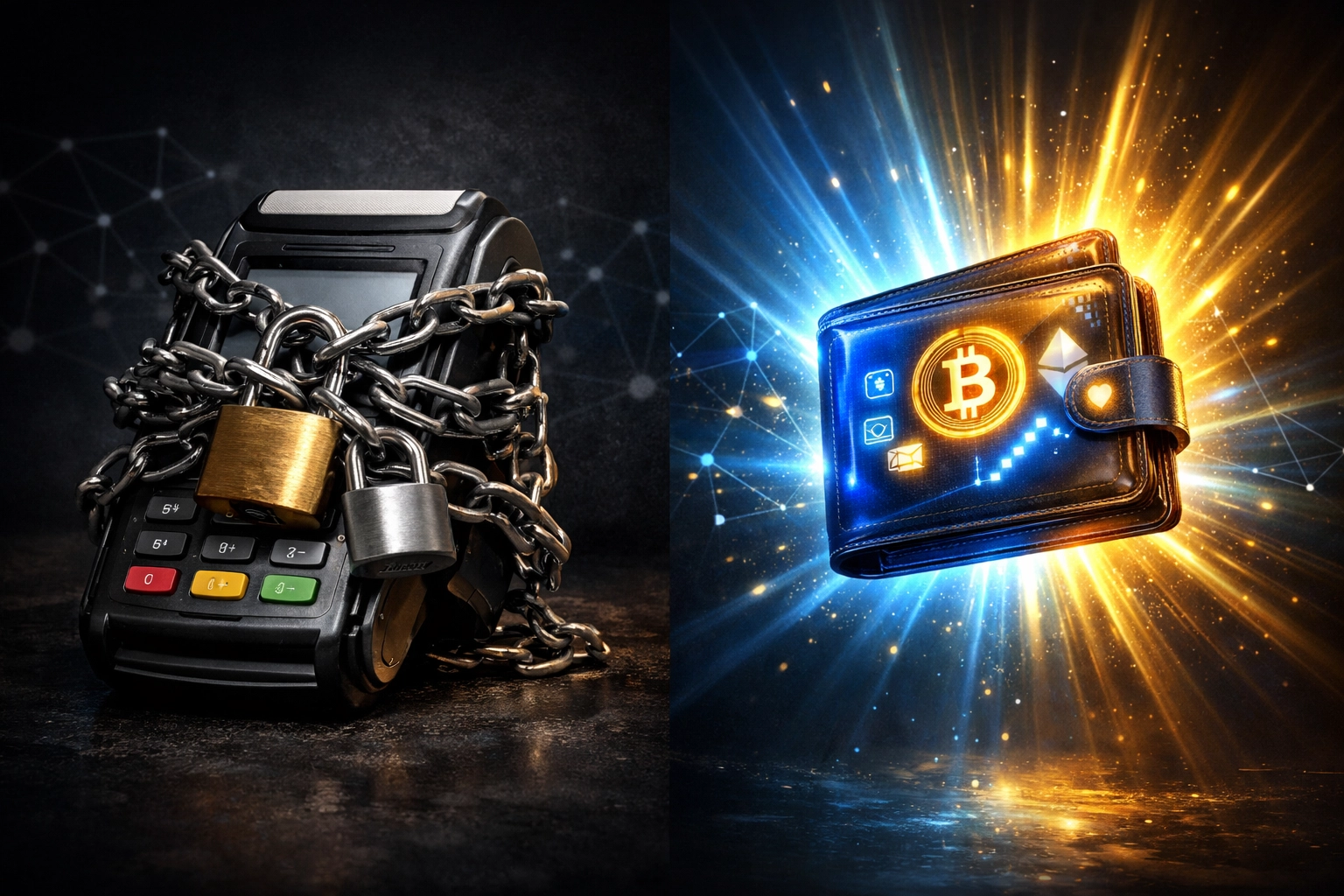 Locked legacy payment processor versus liberated self-custody crypto wallet for merchants