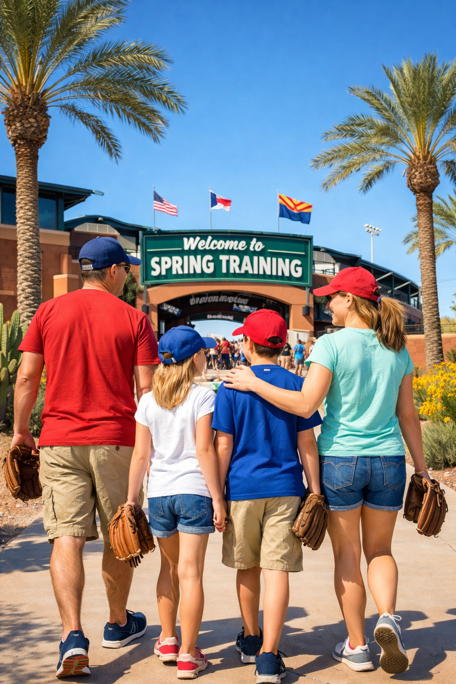 Family walking to Spring Training game in Scottsdale with baseball gloves and sunny skies