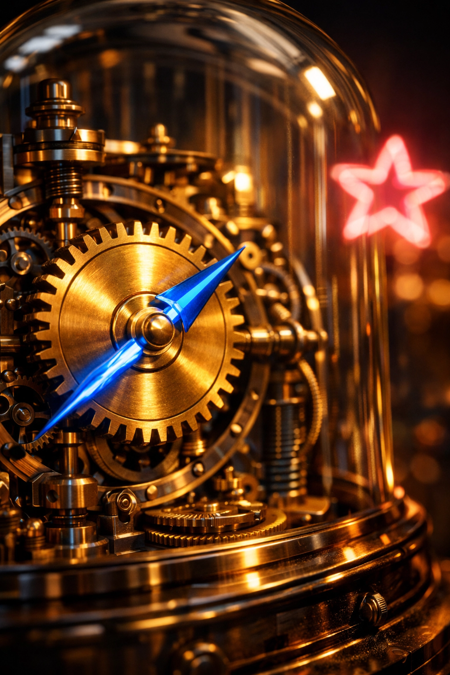 Golden gear driven by a blue compass representing high-impact workflow automation and strategic business metrics.