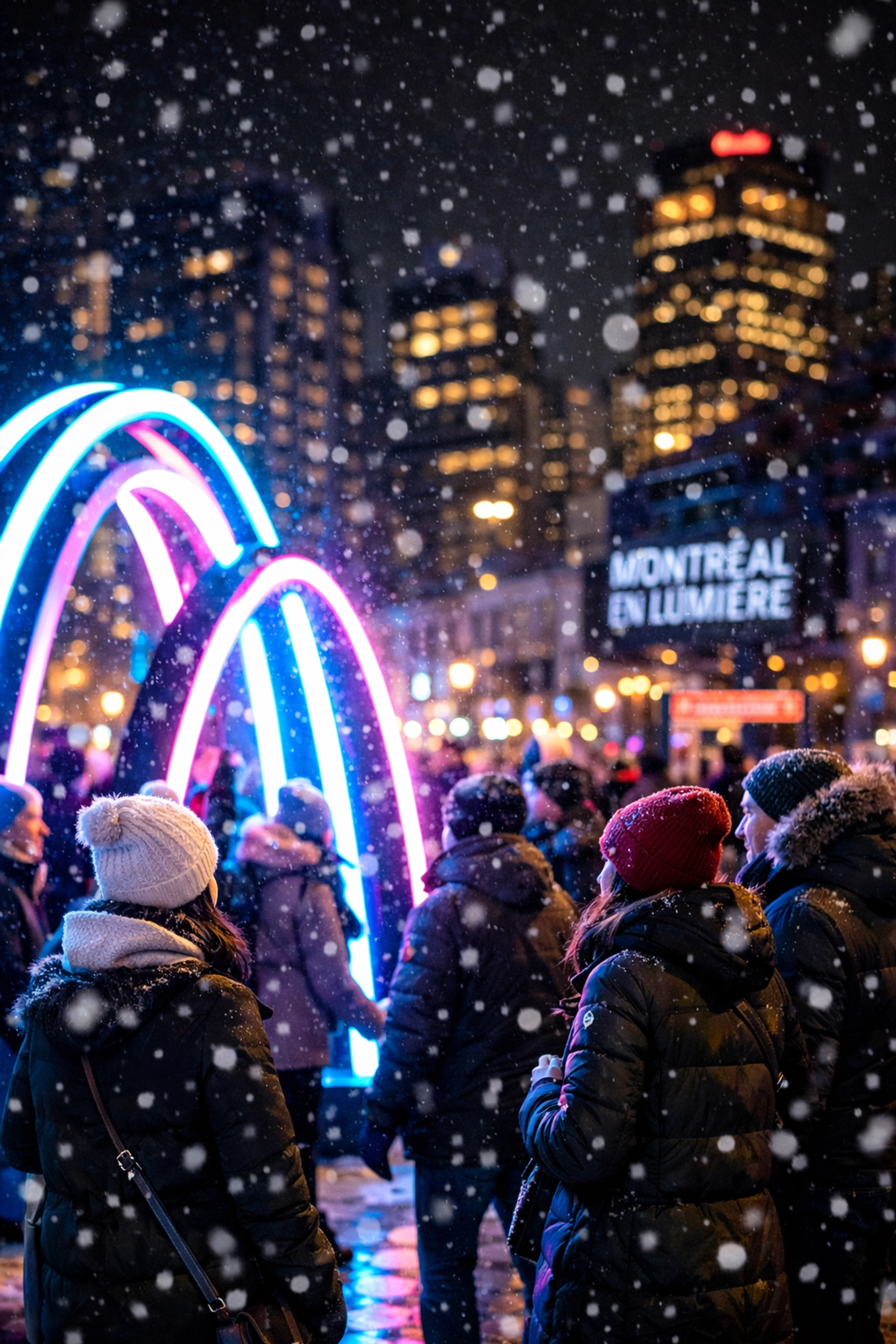 Vibrant neon light installations at the Montréal en Lumière festival in downtown Montreal.