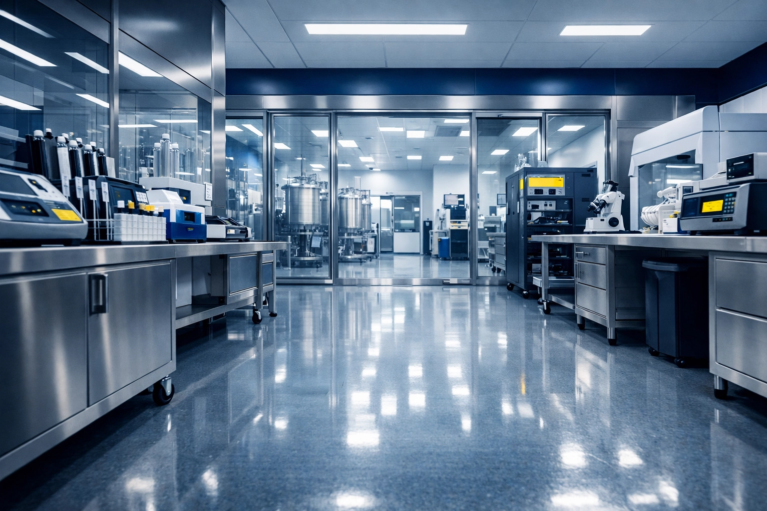 Pristine biotech laboratory interior in Waltham featuring sanitized workstations and medical equipment.