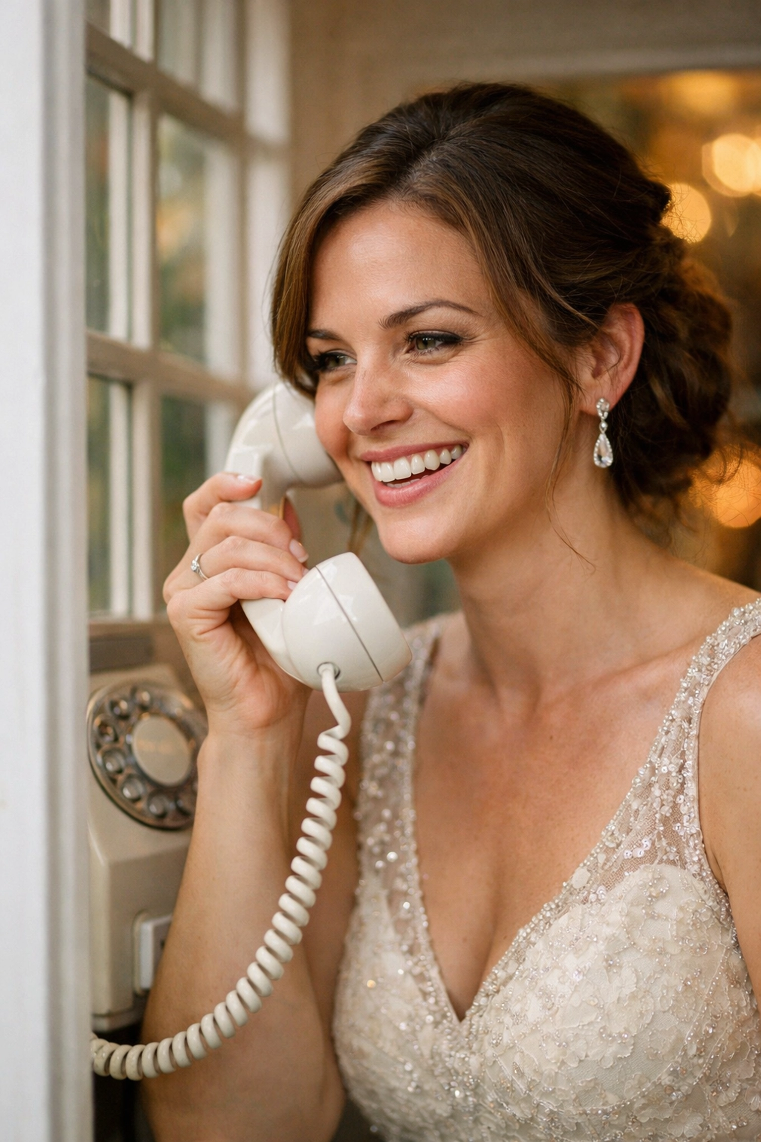 A wedding guest uses a vintage telephone booth audio guestbook for a heartfelt Fort Wayne wedding memory.