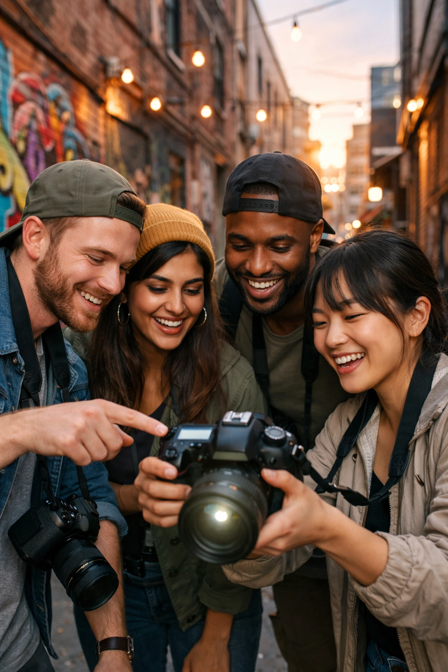 Students at a photography school reviewing images during a hands-on photography tutorial.
