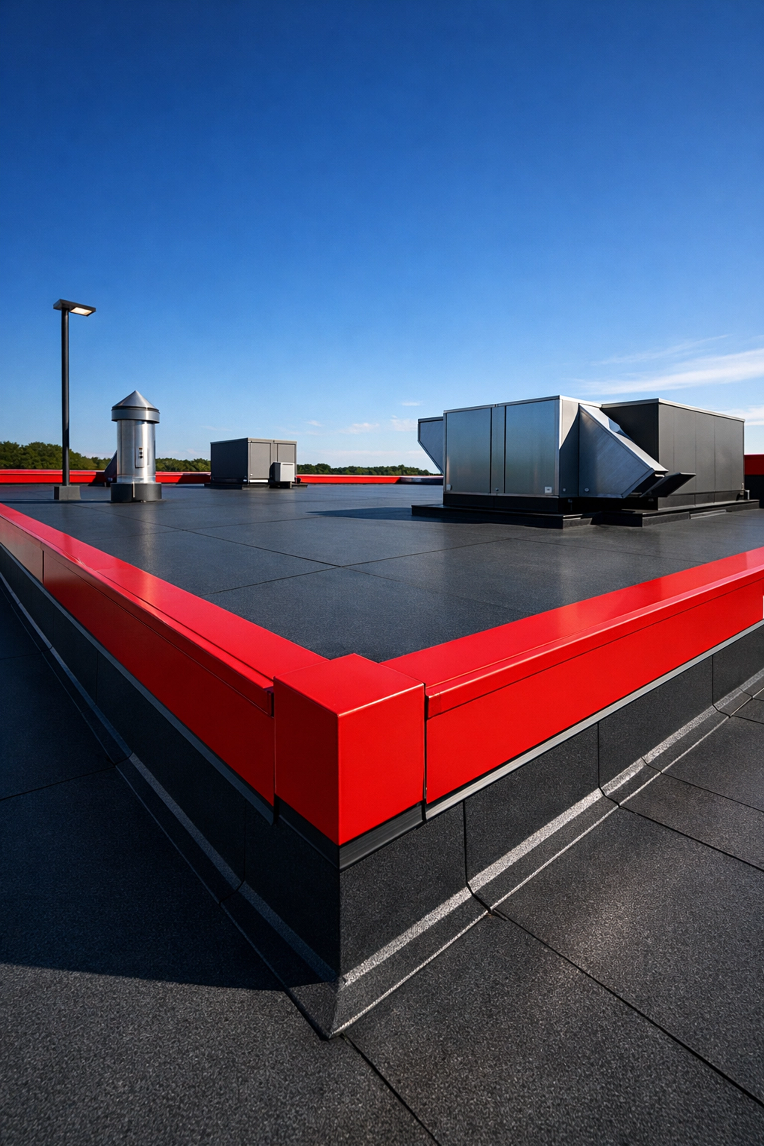 Professionally installed commercial flat roof in Salisbury, MD with charcoal gray membrane and reinforced red edges.