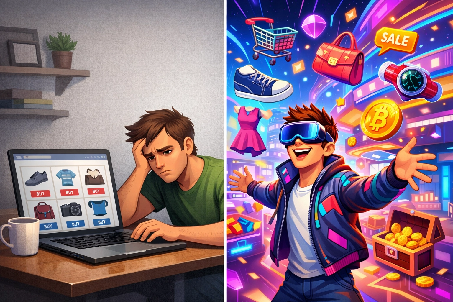 Traditional online shopping versus immersive metaverse shopping with avatars and crypto payments