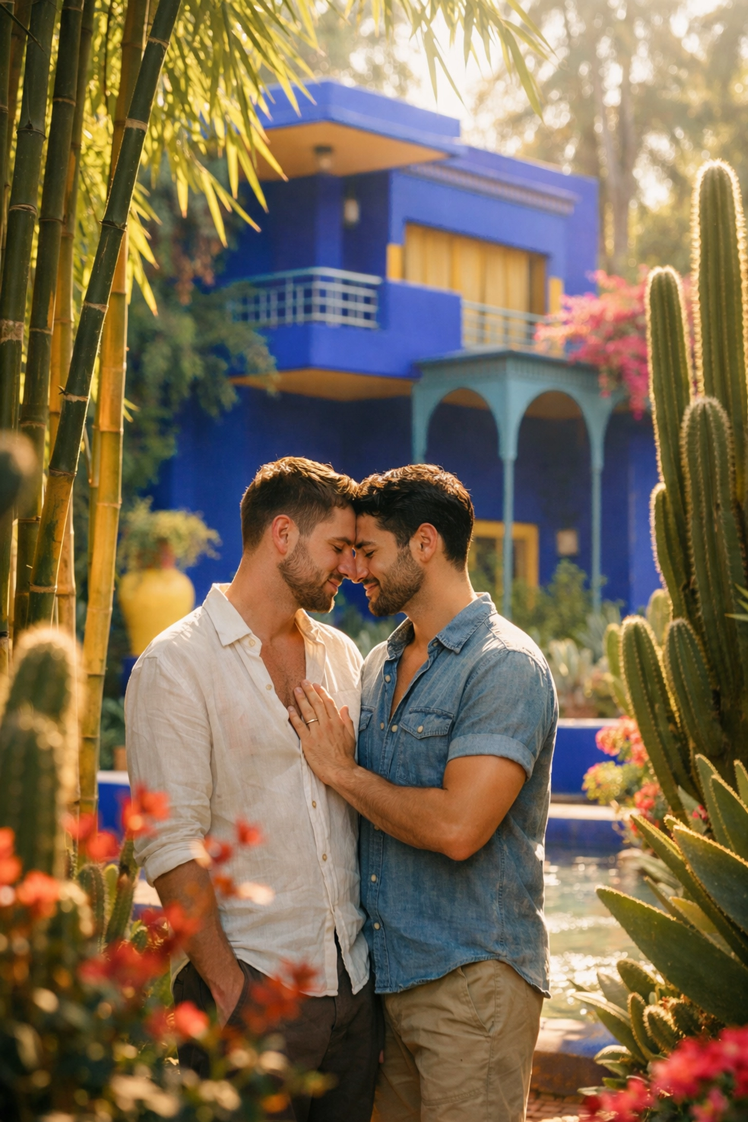 Gay couple in Jardin Majorelle botanical garden with iconic blue walls Morocco