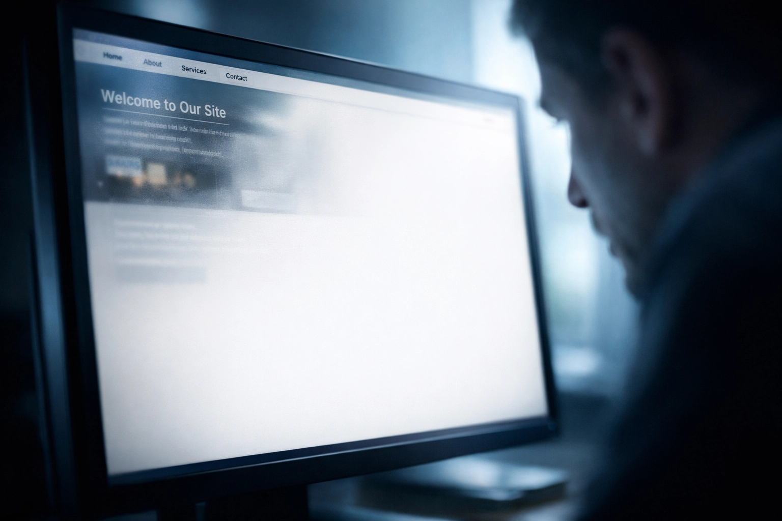 Monitor displaying a partially rendered webpage demonstrating JavaScript rendering issues affecting SEO