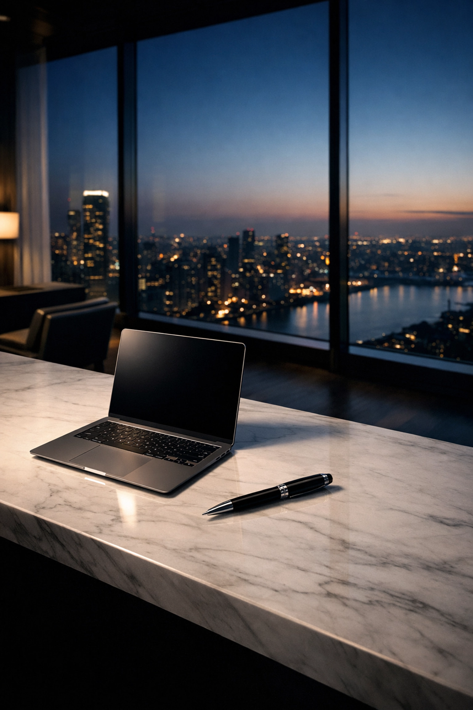 Modern minimalist office desk overlooking a city skyline, representing asset-light business scaling.