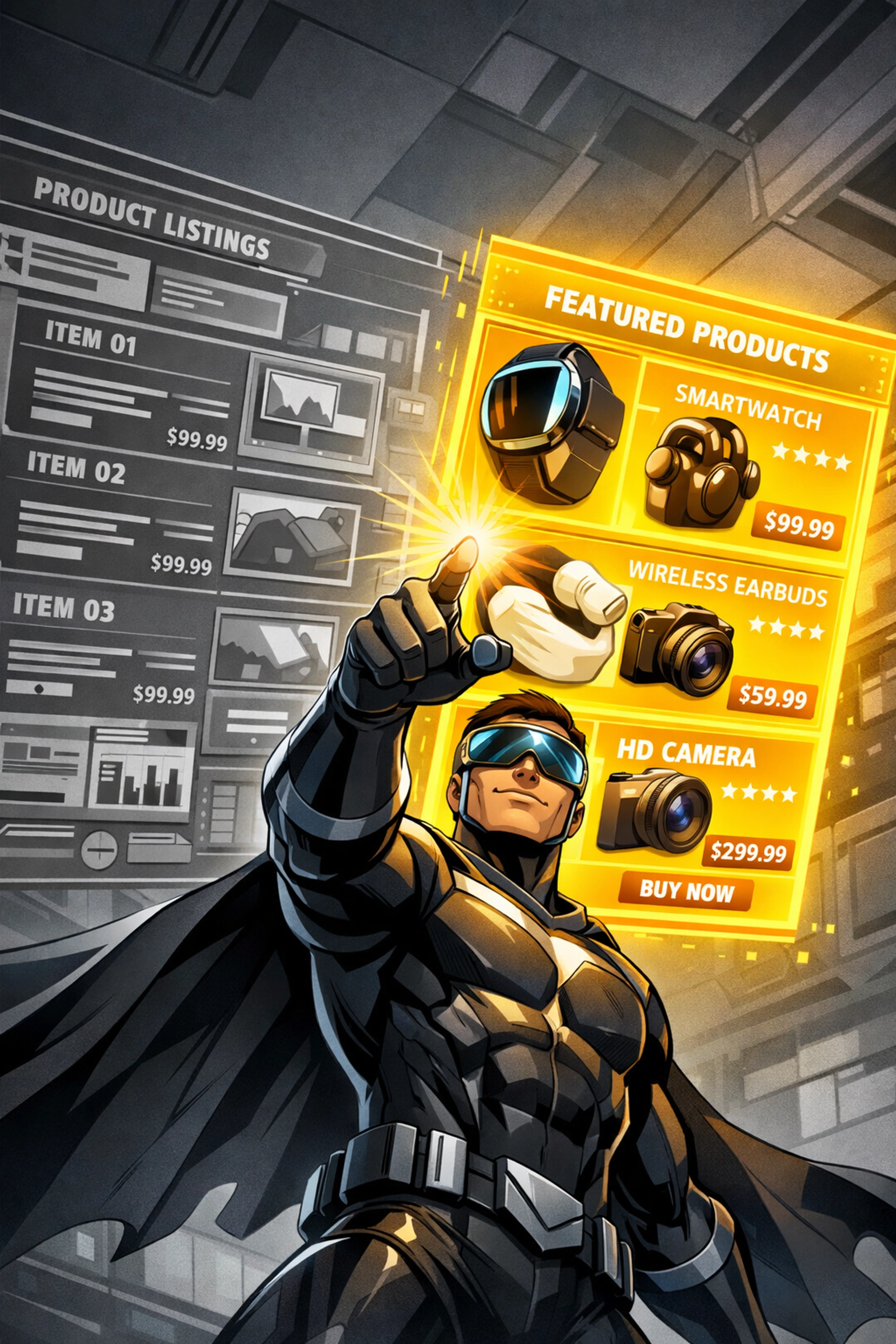 Heroic figure transforming a cluttered Amazon product listing into an optimized high-converting page.