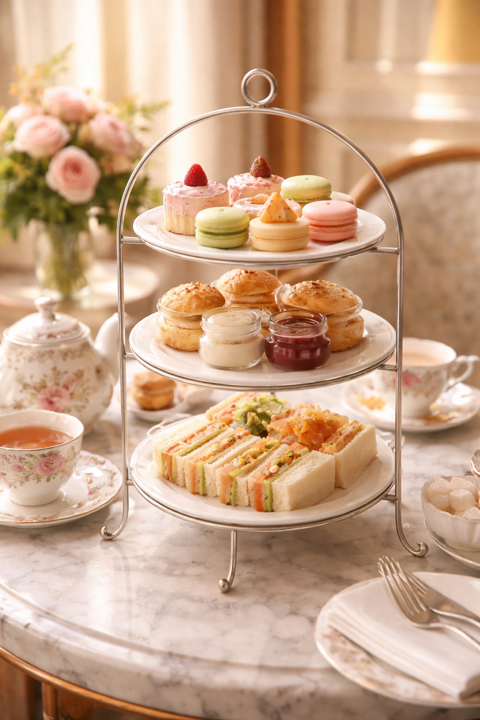 Three-tiered afternoon tea stand with sandwiches, scones, and pastries on a marble table in an elegant tea room.