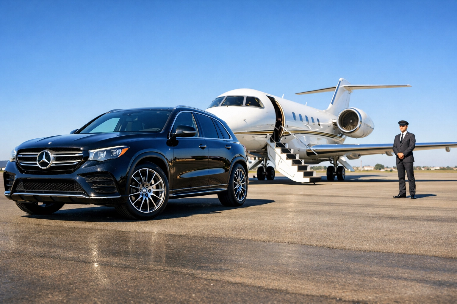 Luxury executive transportation featuring a private jet and black SUV for elite Super Bowl logistics.