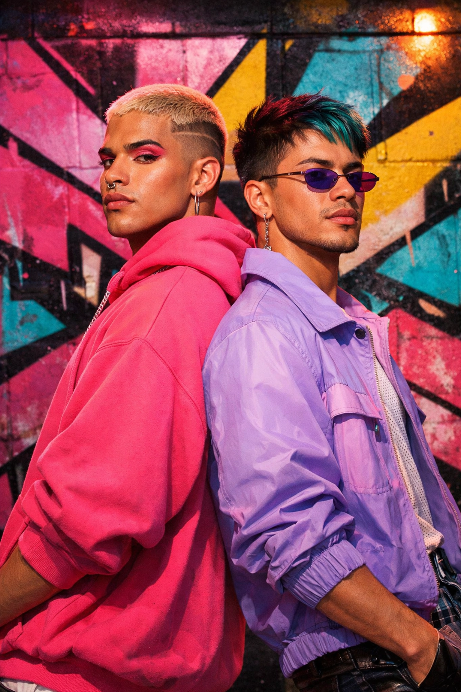 Two queer men in vibrant streetwear expressing authentic LGBTQ+ identity and self-acceptance